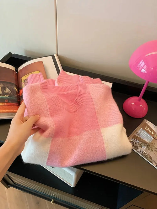 Rutig Stickad Tröja | Tillsammans mot Bröstcancer