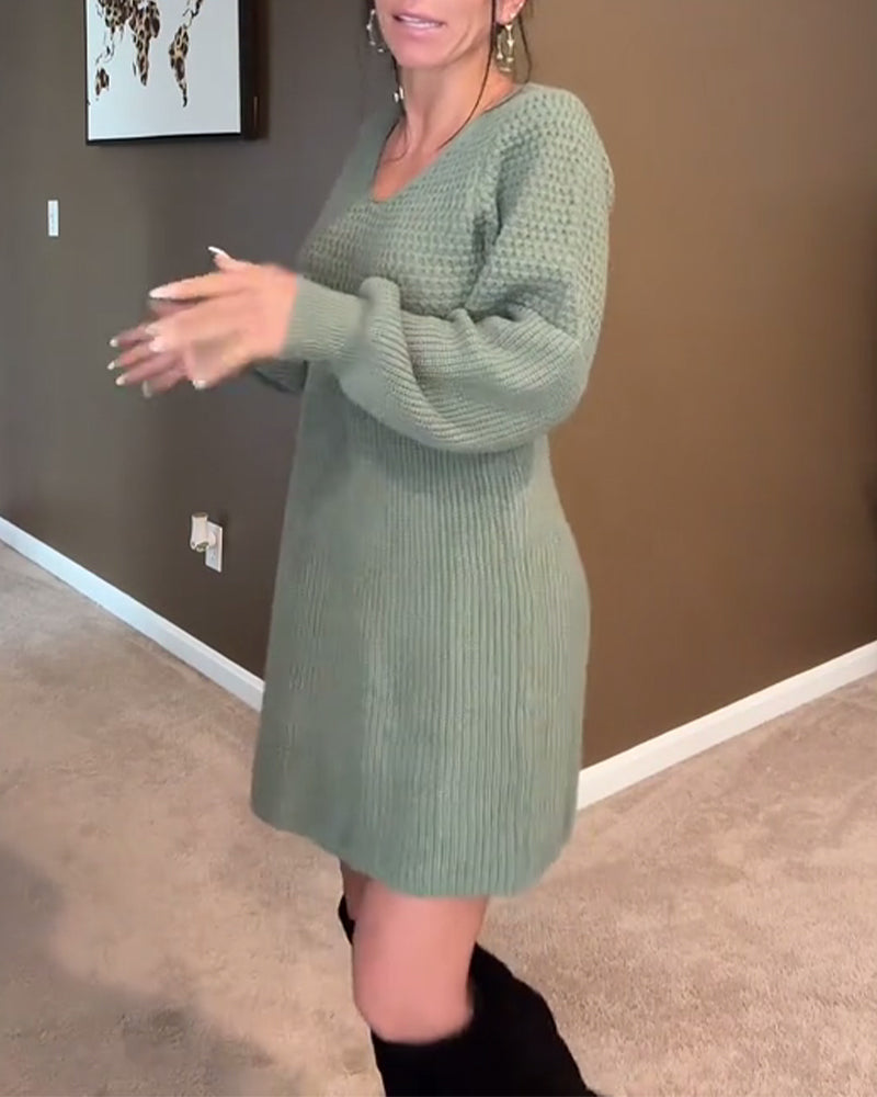 Emma™ - V-ringad Stickad Klänning