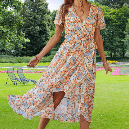 Flora™ - Omlottklänning med Blommor och Volangärmar för Dam