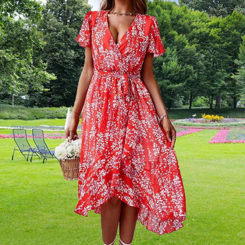 Flora™ - Omlottklänning med Blommor och Volangärmar för Dam