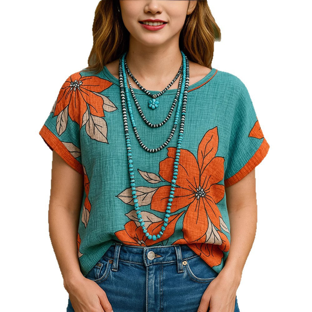 Lisa™ – Lös Tryckt Linne Topp för Dam