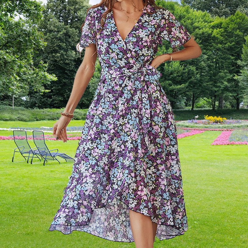 Flora™ - Omlottklänning med Blommor och Volangärmar för Dam