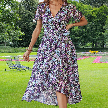 Flora™ - Omlottklänning med Blommor och Volangärmar för Dam