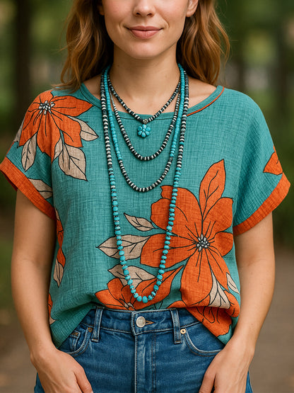 Lisa™ – Lös Tryckt Linne Topp för Dam