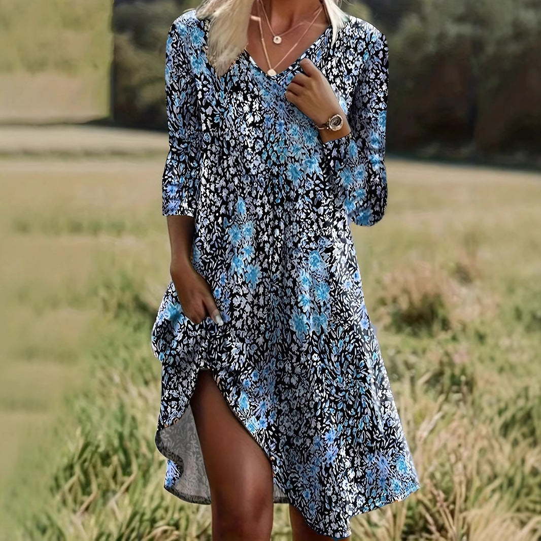 Kristina™ – Blommig V-ringad Klänning för Dam