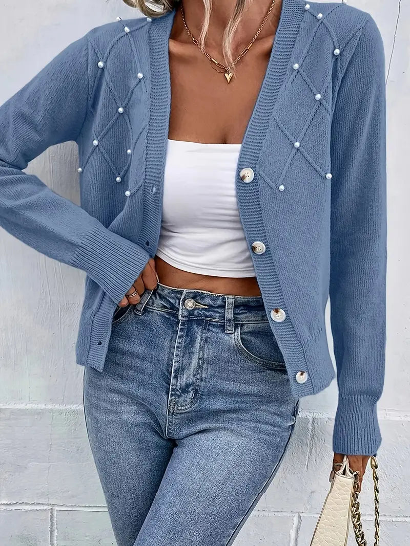 Pink™ – Stickad Kofta med Pärlknappar